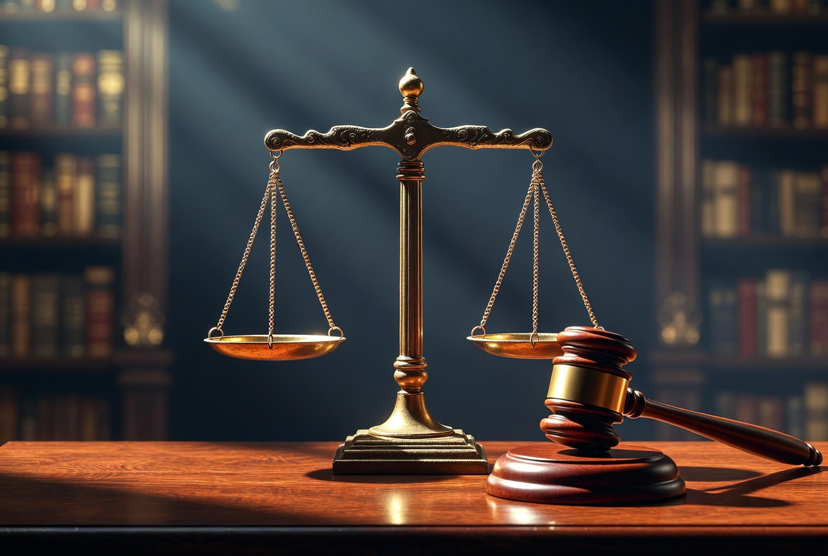 Law office books and gavel on a wooden desk